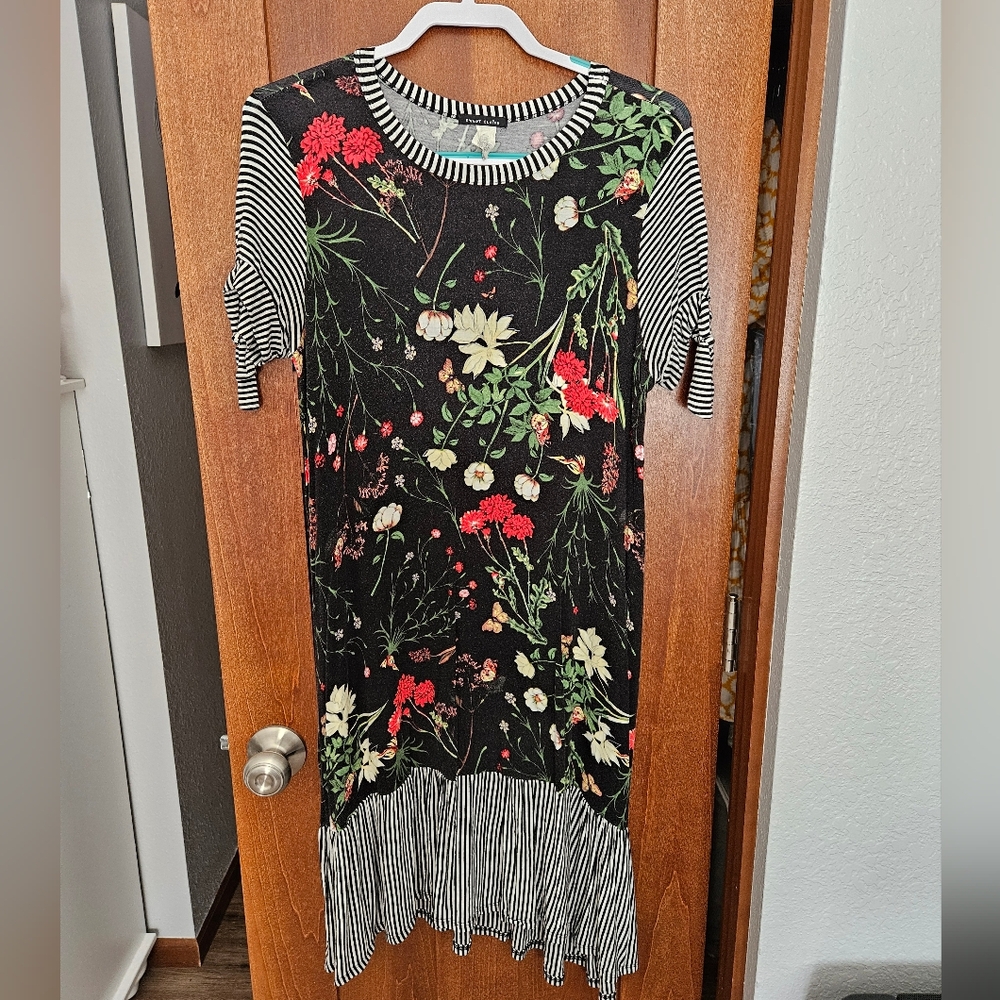 Sweet Claire Black Floral & Striped Midi Dress